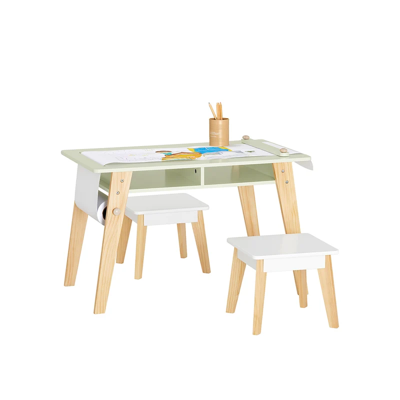 SoBuy KMB92-GR Ensemble Table d’Enfant + 2 Tabourets, Set de 3 Pièces Table à Dessin avec 1 Porte-Rouleau de Papier et 2 Compartiments Ouverts