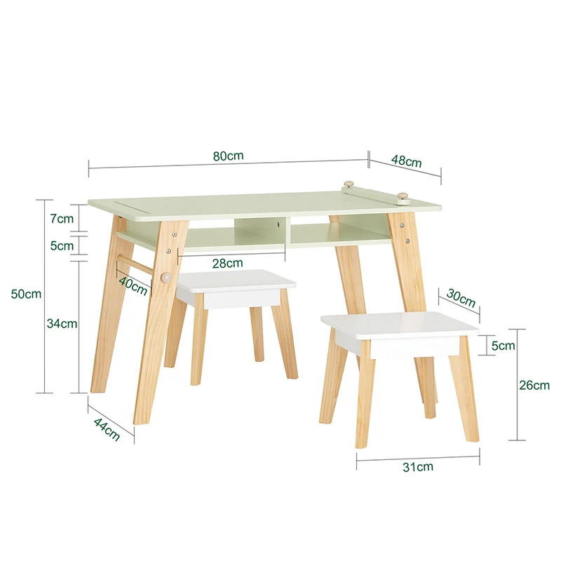 SoBuy KMB92-GR Ensemble Table d’Enfant + 2 Tabourets, Set de 3 Pièces Table à Dessin avec 1 Porte-Rouleau de Papier et 2 Compartiments Ouverts