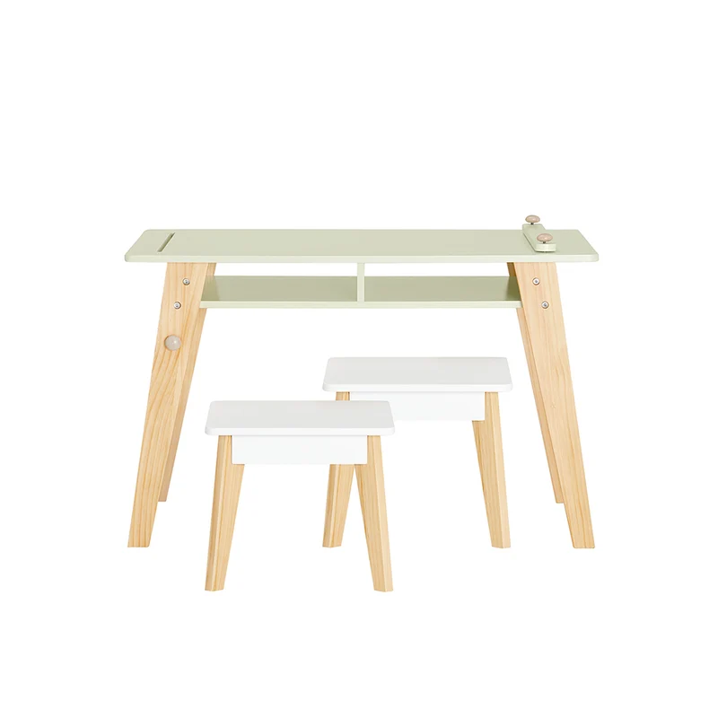 SoBuy KMB92-GR Ensemble Table d’Enfant + 2 Tabourets, Set de 3 Pièces Table à Dessin avec 1 Porte-Rouleau de Papier et 2 Compartiments Ouverts