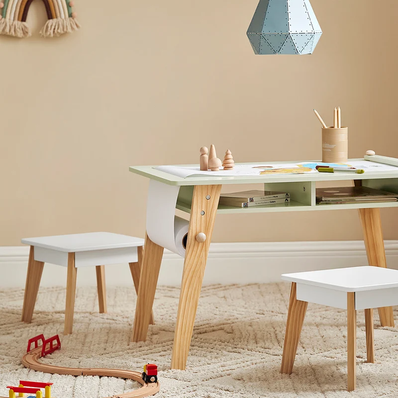 SoBuy KMB92-GR Ensemble Table d’Enfant + 2 Tabourets, Set de 3 Pièces Table à Dessin avec 1 Porte-Rouleau de Papier et 2 Compartiments Ouverts