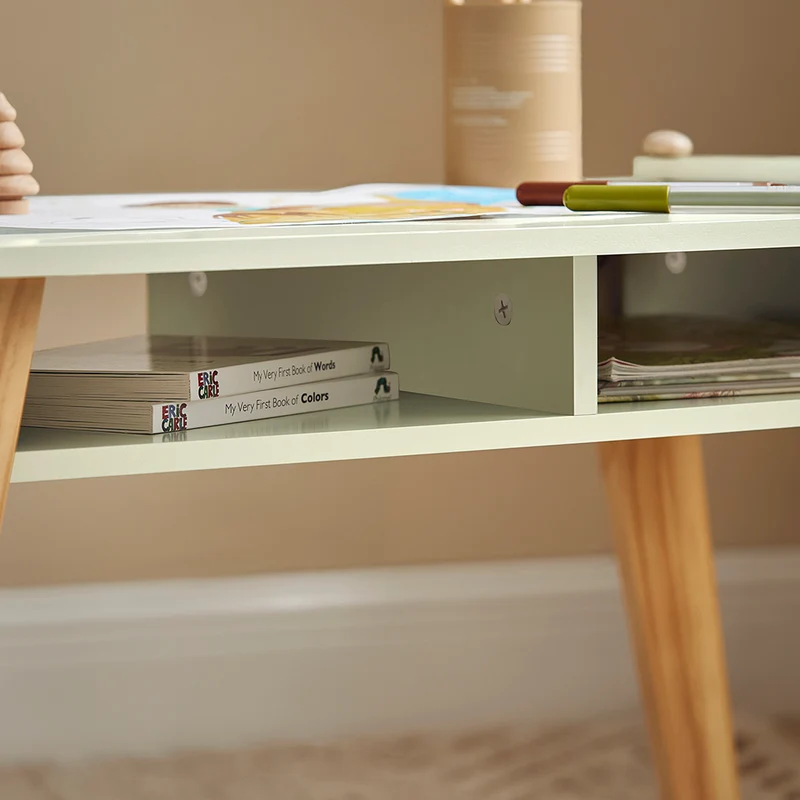 SoBuy KMB92-GR Ensemble Table d’Enfant + 2 Tabourets, Set de 3 Pièces Table à Dessin avec 1 Porte-Rouleau de Papier et 2 Compartiments Ouverts
