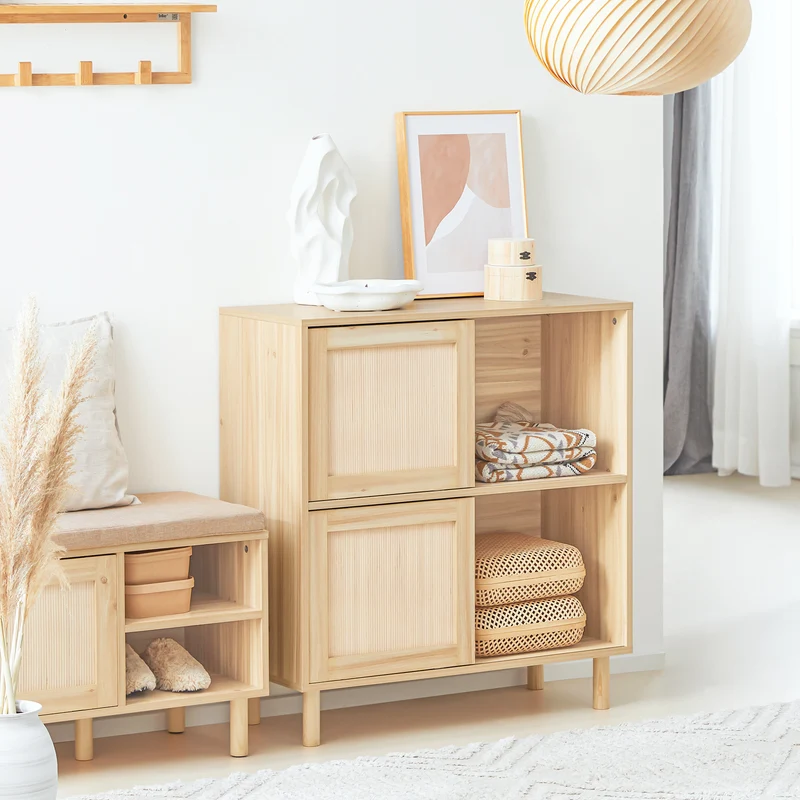 SoBuy FSB87-N Buffet à Portes Coulissantes en Bambou – 4 Compartiments, 80 × 35 × 87 cm, Naturel