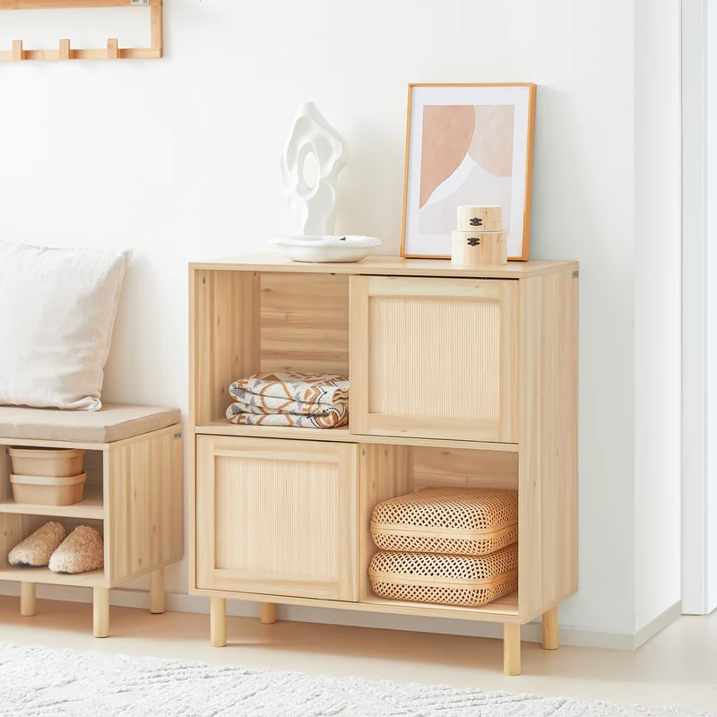SoBuy FSB87-N Buffet à Portes Coulissantes en Bambou – 4 Compartiments, 80 × 35 × 87 cm, Naturel