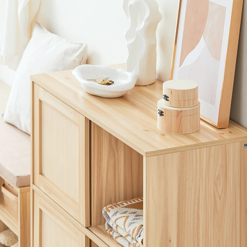 SoBuy FSB87-N Buffet à Portes Coulissantes en Bambou – 4 Compartiments, 80 × 35 × 87 cm, Naturel
