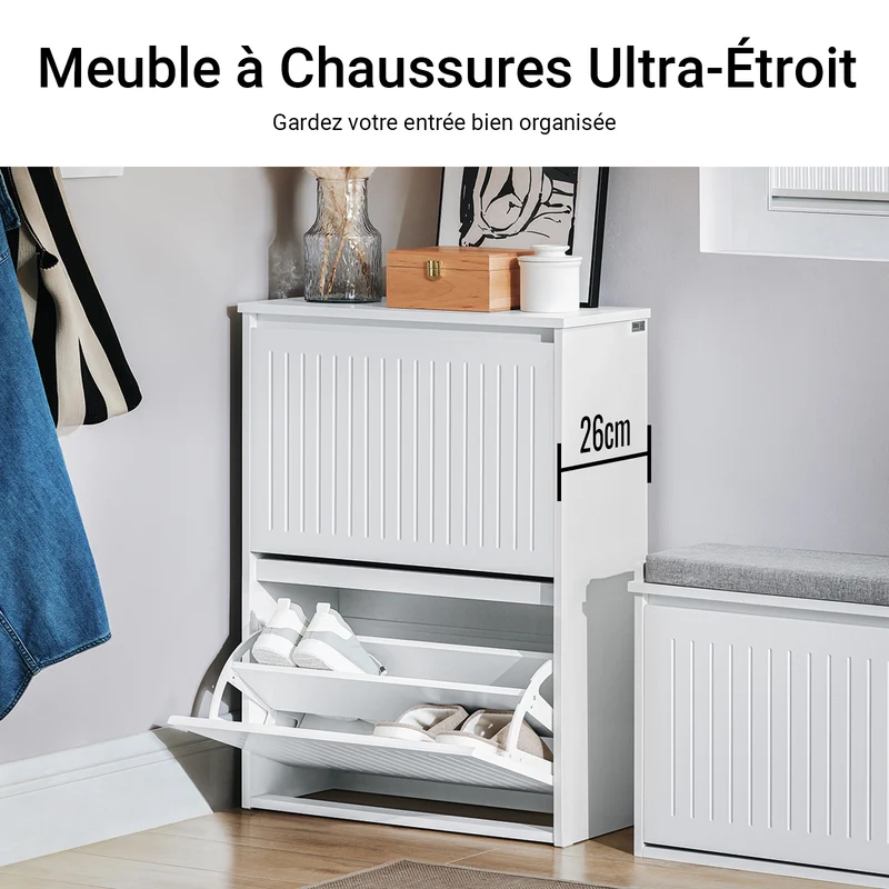 SoBuy FSR165-K-W Meuble à Chaussures à Abattants 2 Niveaux – Rangement Discret pour Entrée – 61x26x81 cm Blanc