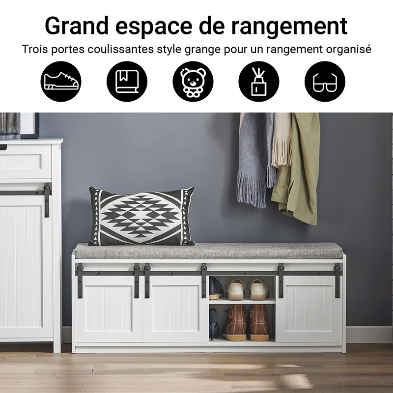 SoBuy FSR133-W Banc à Chaussures avec Porte de Grange Coulissante et 6 Compartiments pour Entrée – 120x35x45 cm, Blanc