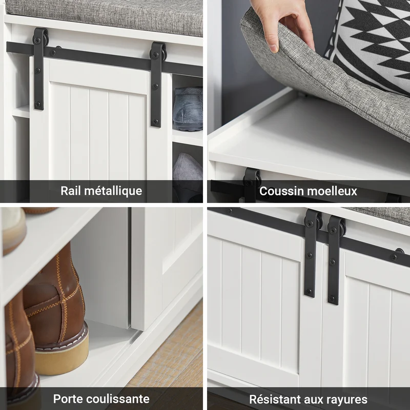SoBuy FSR133-W Banc à Chaussures avec Porte de Grange Coulissante et 6 Compartiments pour Entrée – 120x35x45 cm, Blanc