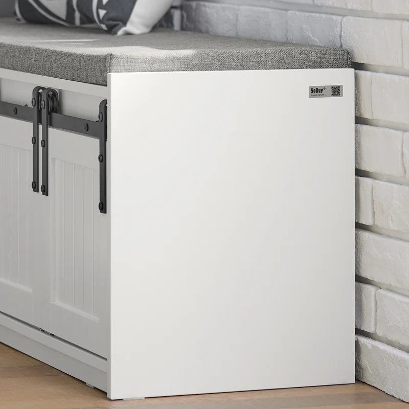SoBuy FSR133-W Banc à Chaussures avec Porte de Grange Coulissante et 6 Compartiments pour Entrée – 120x35x45 cm, Blanc