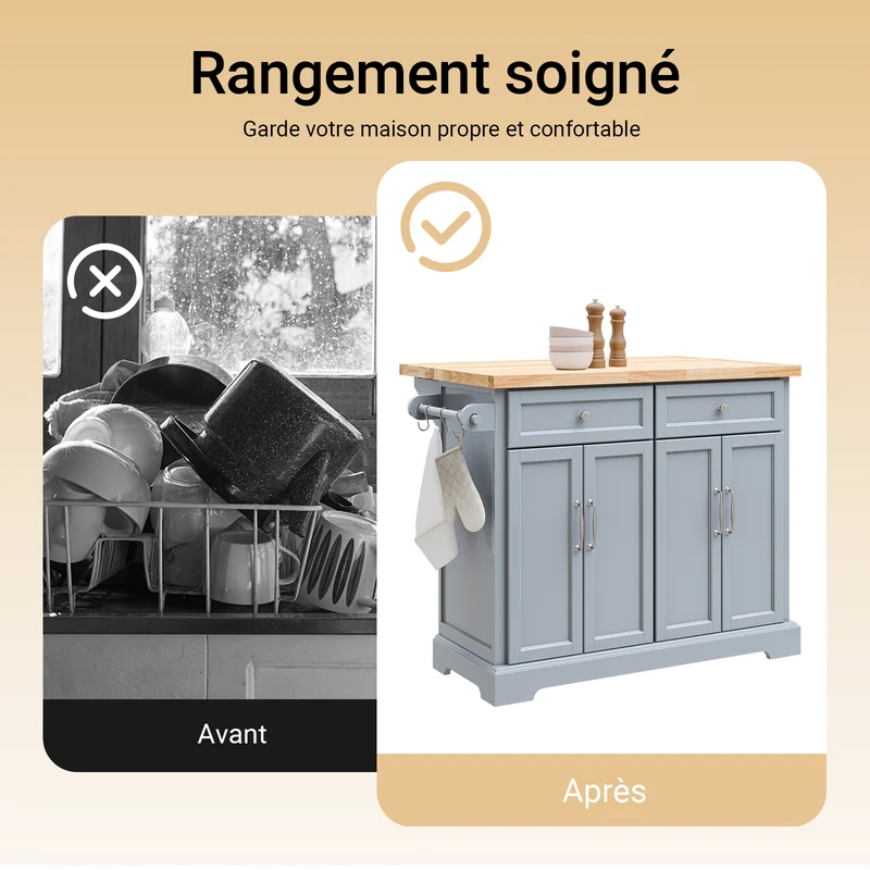 SoBuy FKW71-II-HG Ìlot Cuisine Mobile avec Plan Extensible – Gain de Place, Gris