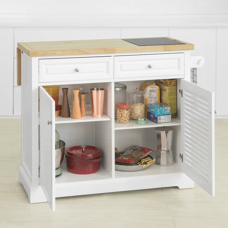 SoBuy FKW84-WN Desserte sur roulettes Meuble de Cuisine de Service Roulant avec Plans de Travail Rabattable, Grande Armoire de Rangement