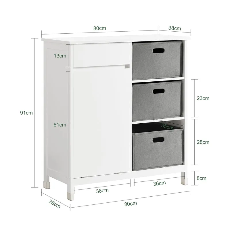 SoBuy BZR77-W Meuble de Salle de Bain avec Paniers à Linge, Armoire à Linge avec 3 Paniers et Tiroir, Armoire de Salle de Bain en Bois, Corbeille à Linge, Blanc, 80x91x38cm