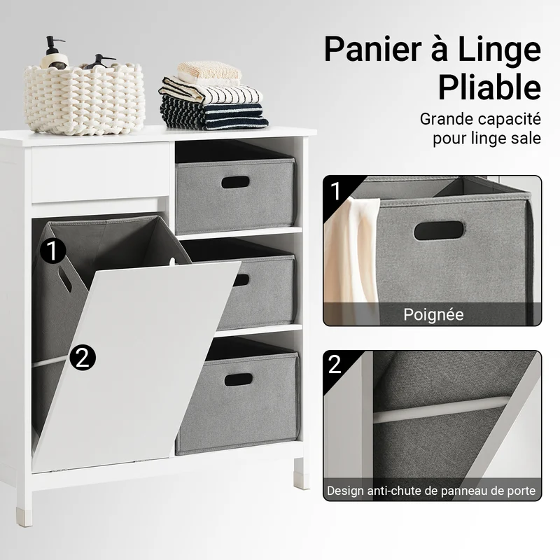 SoBuy BZR77-W Meuble de Salle de Bain avec Paniers à Linge, Armoire à Linge avec 3 Paniers et Tiroir, Armoire de Salle de Bain en Bois, Corbeille à Linge, Blanc, 80x91x38cm