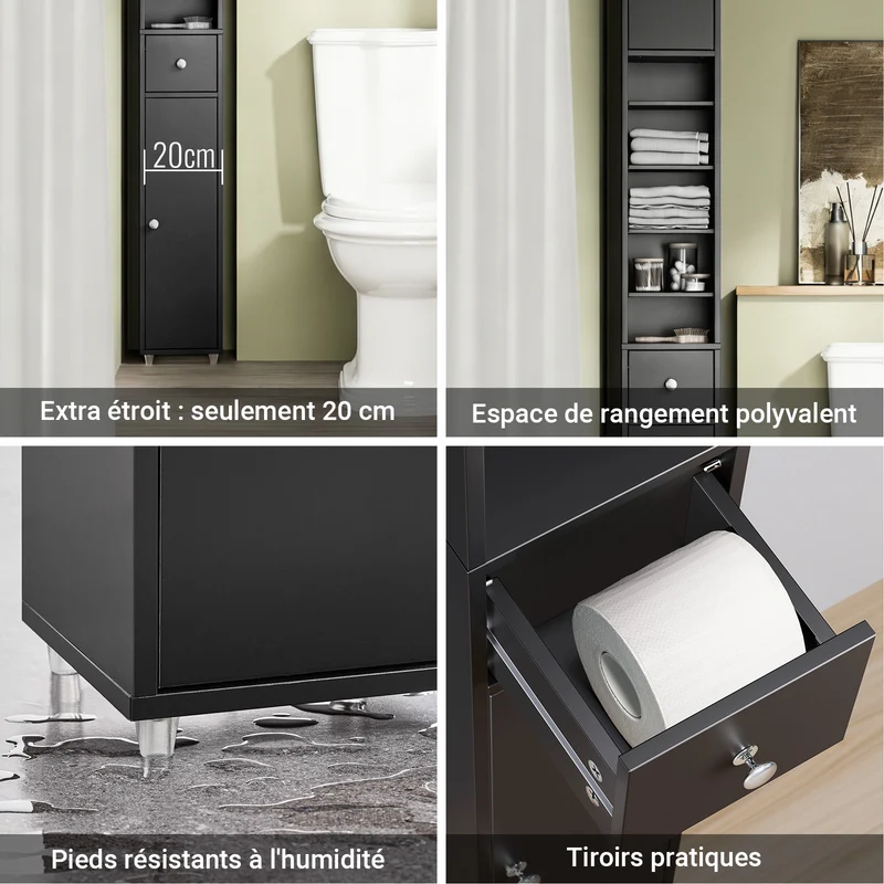 SoBuy BZR34-II-SCH Colonne Salle de Bain Étroite 20 cm – Gain de Place, Noir