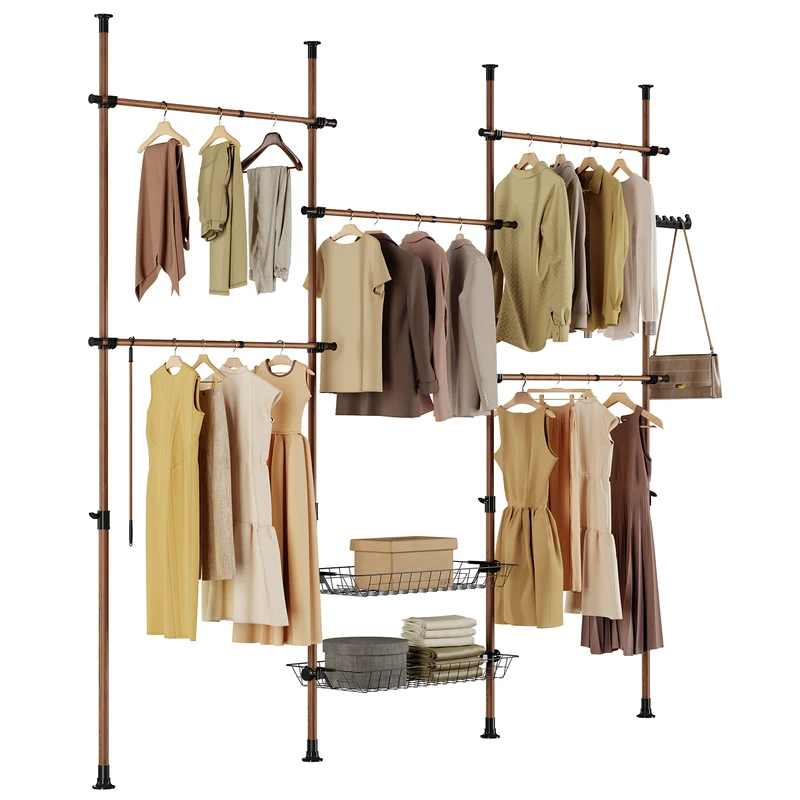 SoBuy KLS04-II-BR Portant à vêtements télescopique solide - Penderie ouverte réglable avec tringles et étagères, Porte manteau pour chambre/dressing, Marron