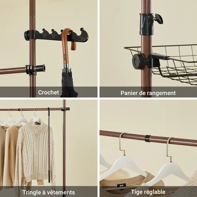 SoBuy KLS04-II-BR Portant à vêtements télescopique solide - Penderie ouverte réglable avec tringles et étagères, Porte manteau pour chambre/dressing, Marron