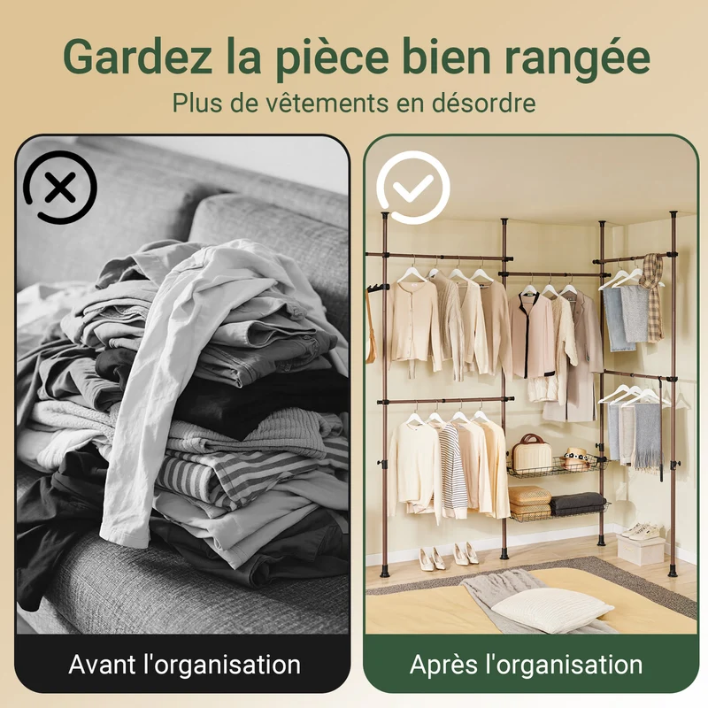 SoBuy KLS04-II-BR Portant à vêtements télescopique solide - Penderie ouverte réglable avec tringles et étagères, Porte manteau pour chambre/dressing, Marron