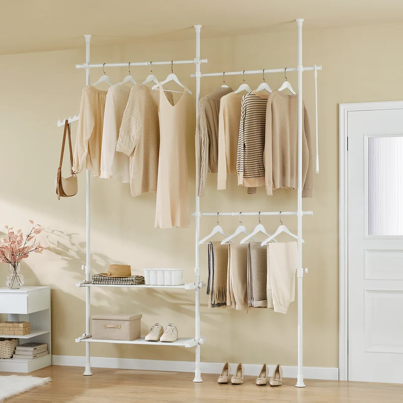 sebuyfr.comG34-II-W Portant à vêtements télescopique robuste – Penderie ouverte réglable avec tringles et étagères, Porte-manteau pour chambre ou dressing, Blanc