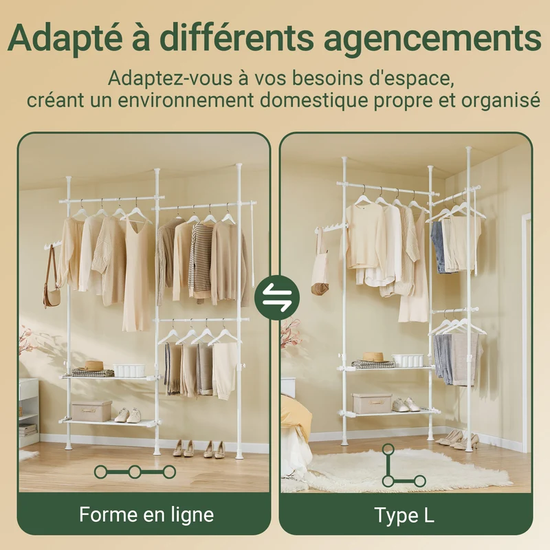sebuyfr.comG34-II-W Portant à vêtements télescopique robuste – Penderie ouverte réglable avec tringles et étagères, Porte-manteau pour chambre ou dressing, Blanc