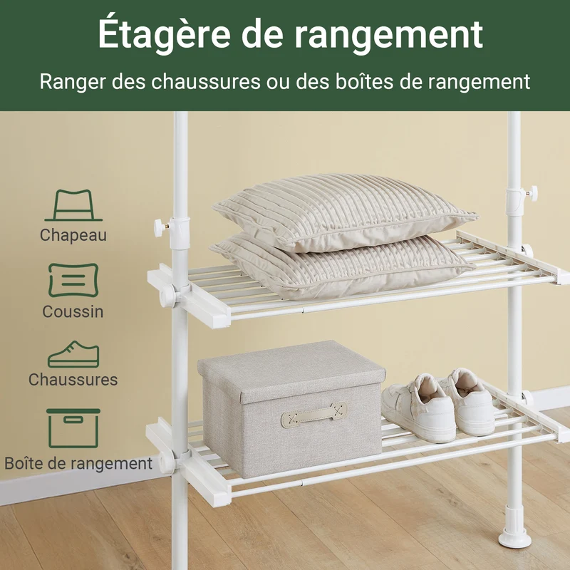 sebuyfr.comG34-II-W Portant à vêtements télescopique robuste – Penderie ouverte réglable avec tringles et étagères, Porte-manteau pour chambre ou dressing, Blanc