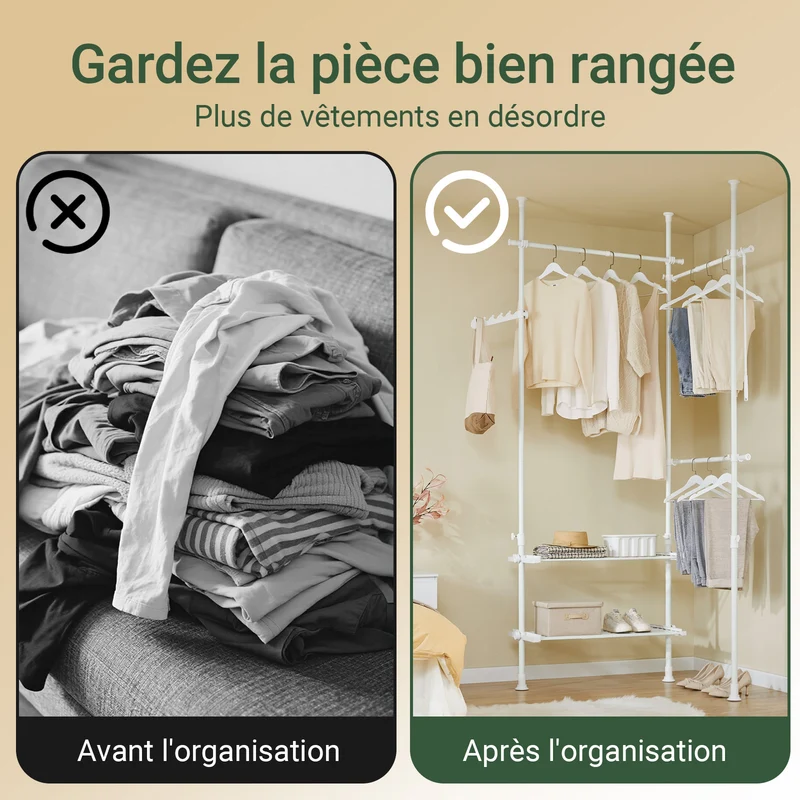 sebuyfr.comG34-II-W Portant à vêtements télescopique robuste – Penderie ouverte réglable avec tringles et étagères, Porte-manteau pour chambre ou dressing, Blanc