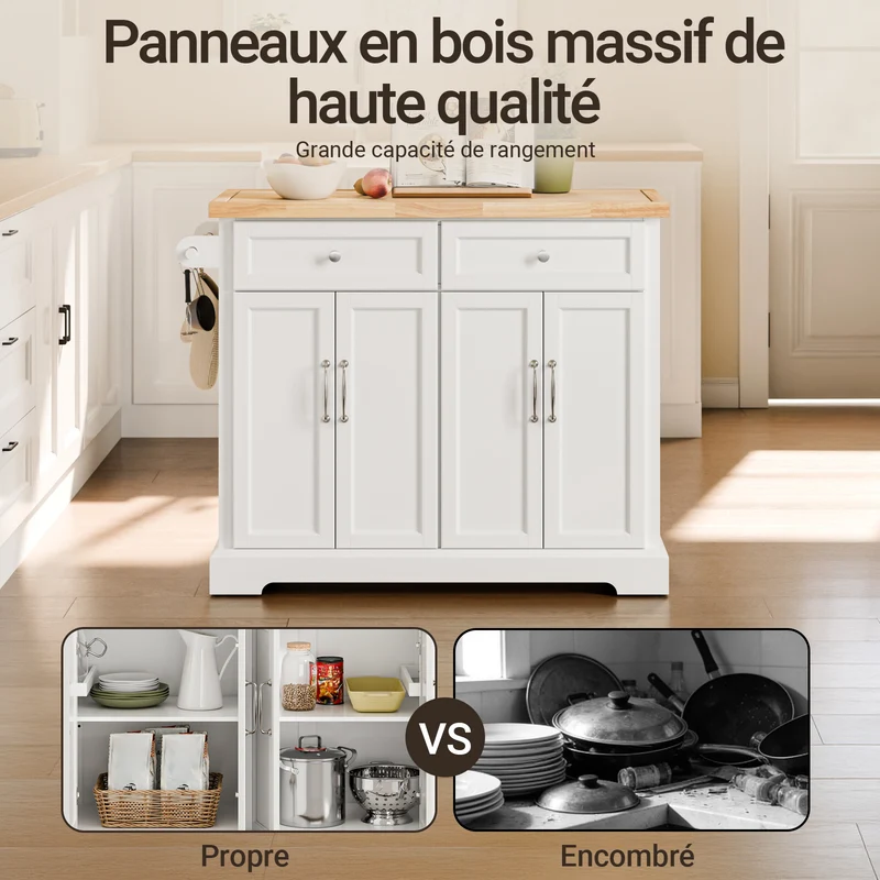 SoBuy FKW71-III-WN Ìlot Cuisine Mobile avec Plan Extensible – Desserte Gain de Place, Blanc