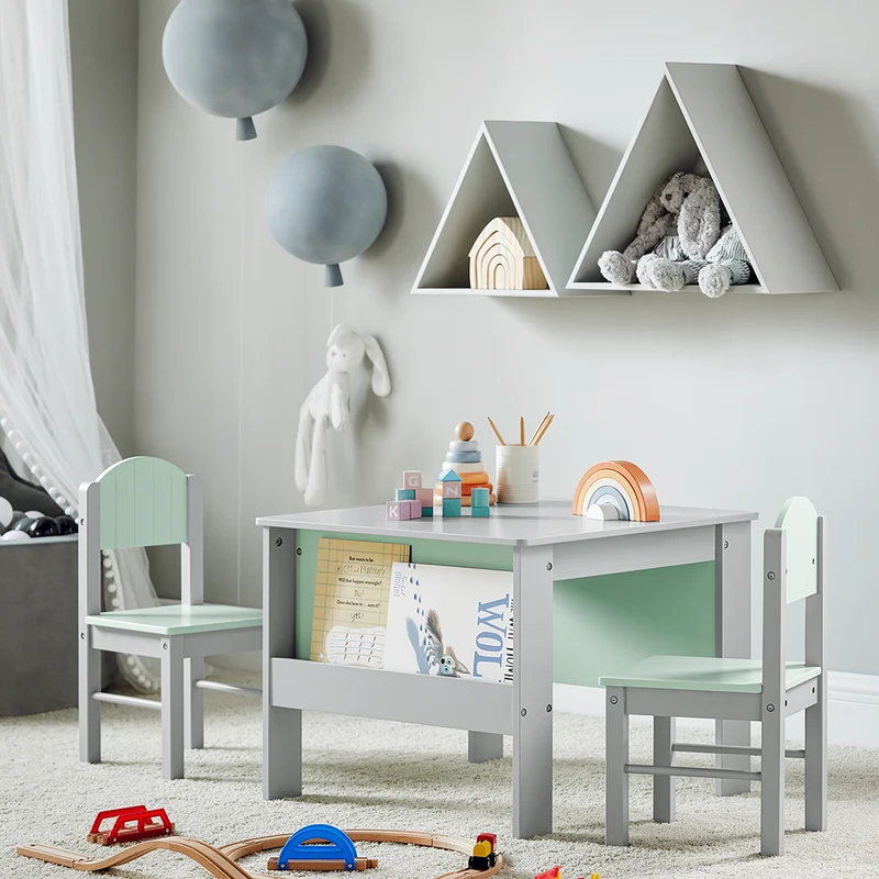 SoBuy KMB88-HG Ensemble Table Enfant avec 2 Chaises Enfants, Bureau Enfant avec 2 étagères à Livres latérales, Gris Clair et Vert Clair