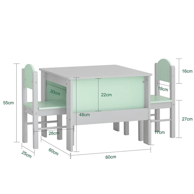 SoBuy KMB88-HG Ensemble Table Enfant avec 2 Chaises Enfants, Bureau Enfant avec 2 étagères à Livres latérales, Gris Clair et Vert Clair