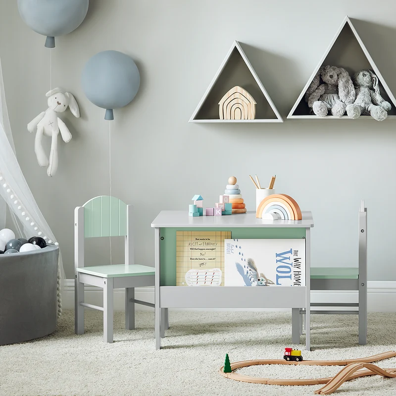 SoBuy KMB88-HG Ensemble Table Enfant avec 2 Chaises Enfants, Bureau Enfant avec 2 étagères à Livres latérales, Gris Clair et Vert Clair