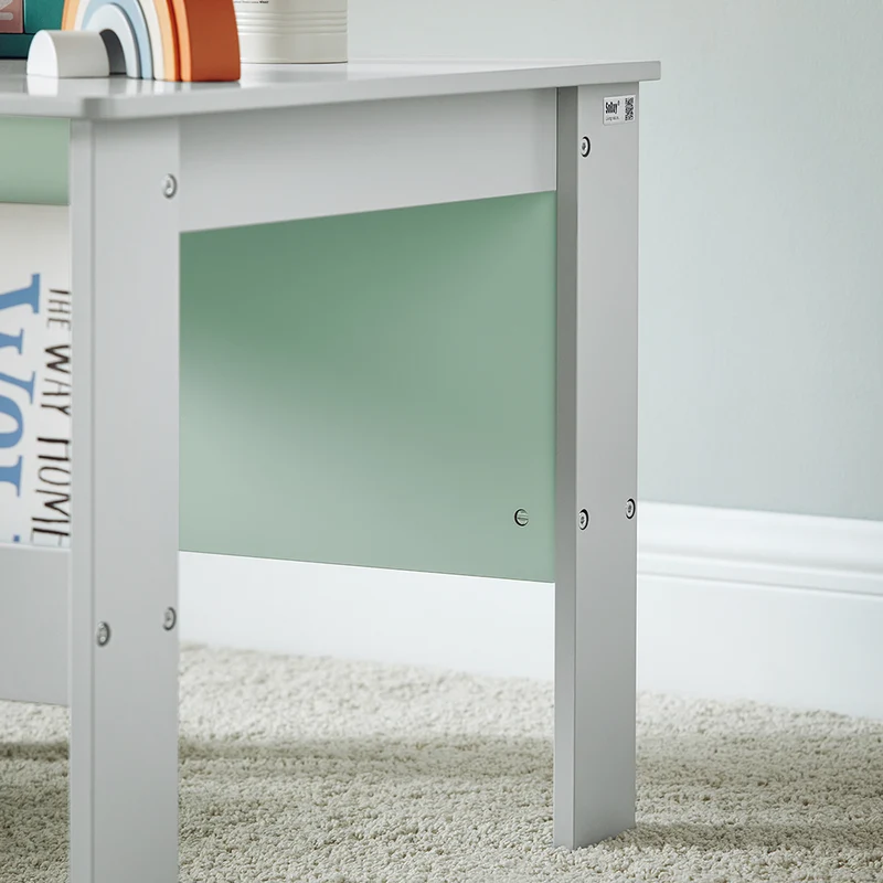 SoBuy KMB88-HG Ensemble Table Enfant avec 2 Chaises Enfants, Bureau Enfant avec 2 étagères à Livres latérales, Gris Clair et Vert Clair