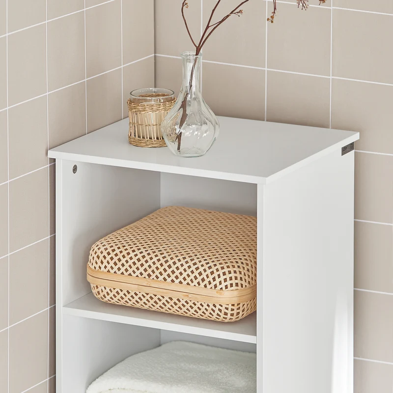 SoBuy BZR17-W Colonne Salle de Bain Meuble Salle de Bain Rangement avec Armoire et 3 Étagères Ouvertes, Petit Meuble Compact avec 1 Tiroir pour WC, Chambre 40x161x35 cm