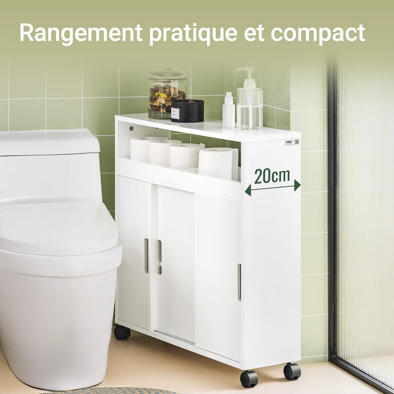 SoBuy BZR02-W Meuble Salle de Bain à Roulettes avec 2 Portes Coulissantes – L70×P20×H71 cm, Charge 30 kg, MDF E1, Blanc