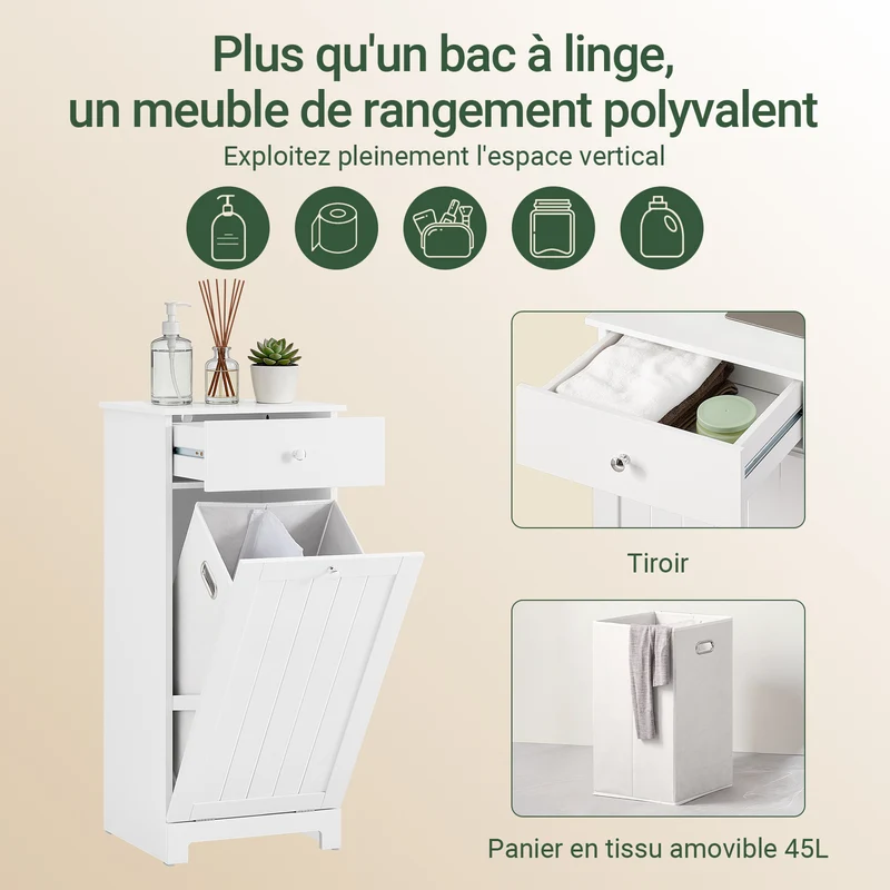 SoBuy BZR21-II-W Meuble Bas Salle de Bain Blanc 90 cm avec Panier à Linge Basculant 2 Compartiments, Tiroir et Étagère – Fermeture Silencieuse, MDF E1