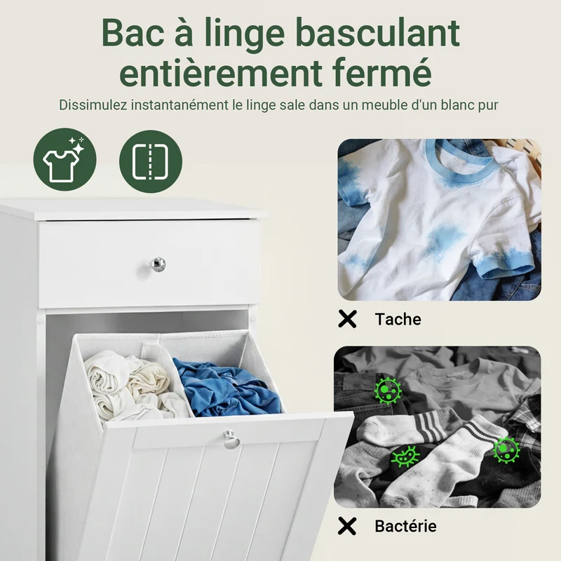 SoBuy BZR21-II-W Meuble Bas Salle de Bain Blanc 90 cm avec Panier à Linge Basculant 2 Compartiments, Tiroir et Étagère – Fermeture Silencieuse, MDF E1