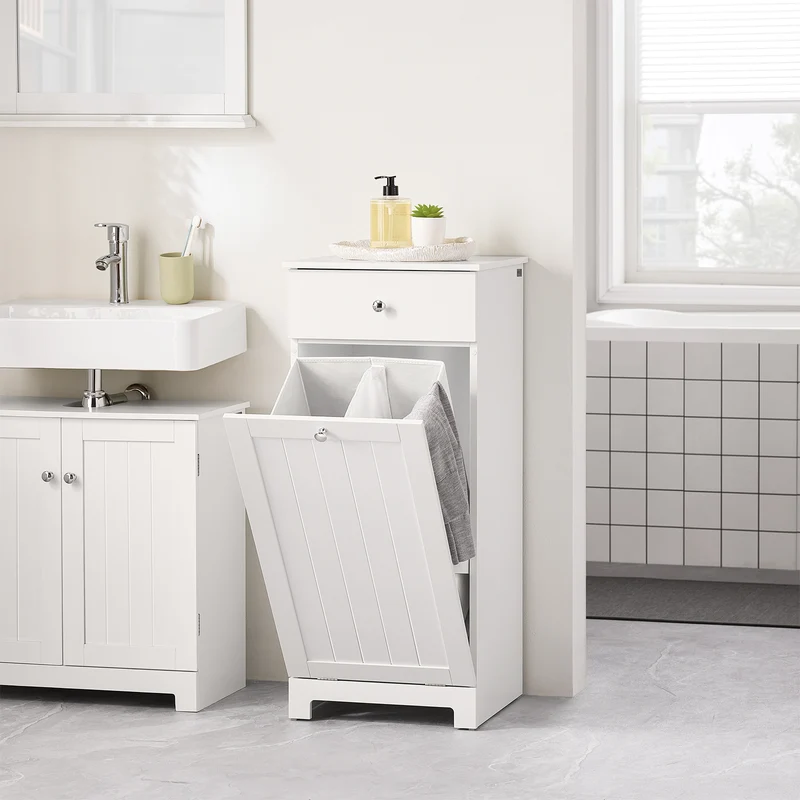 SoBuy BZR21-II-W Meuble Bas Salle de Bain Blanc 90 cm avec Panier à Linge Basculant 2 Compartiments, Tiroir et Étagère – Fermeture Silencieuse, MDF E1