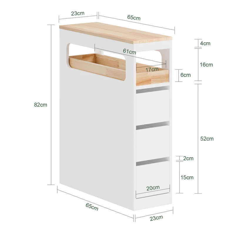 SoBuy BZR54-II-W Meuble Salle de Bain à Roulettes – 3 Tiroirs et Niche – Slim 23 cm – Blanc et Hévéa