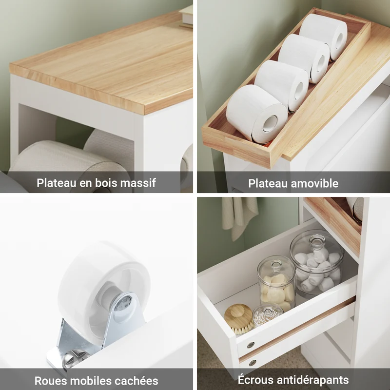 SoBuy BZR54-II-W Meuble Salle de Bain à Roulettes – 3 Tiroirs et Niche – Slim 23 cm – Blanc et Hévéa