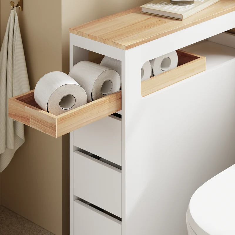 SoBuy BZR54-II-W Meuble Salle de Bain à Roulettes – 3 Tiroirs et Niche – Slim 23 cm – Blanc et Hévéa