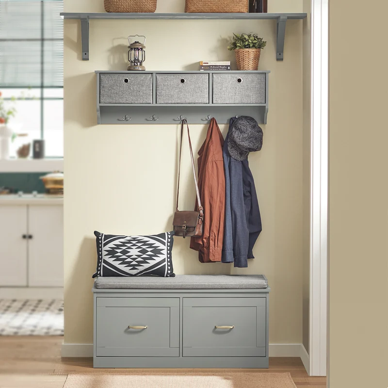 SoBuy FSR131-HG Banc d’Entrée avec Coussin Rembourré et 2 Tiroirs – Charge 150 kg – Gris