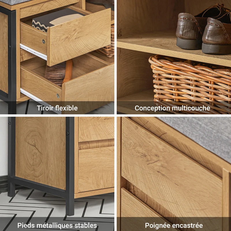 SoBuy FSR149-N Banc à Chaussures avec Coussin Rembourré et Tiroirs, Meuble d'Entrée – 110x35x45 cm, Naturel