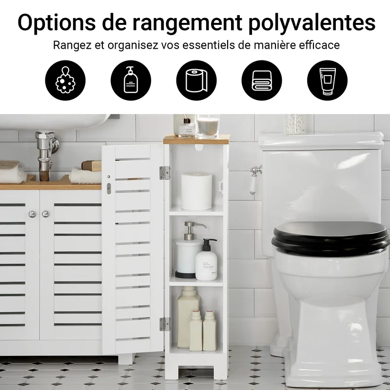 SoBuy BZR85-W Armoire Salle de Bain Rangement Fonctionnel et Compact, Gain de Place, Résistant à l’Humidité, Pratique – L20×P18×H75 cm, Bois, Blanc et Naturel