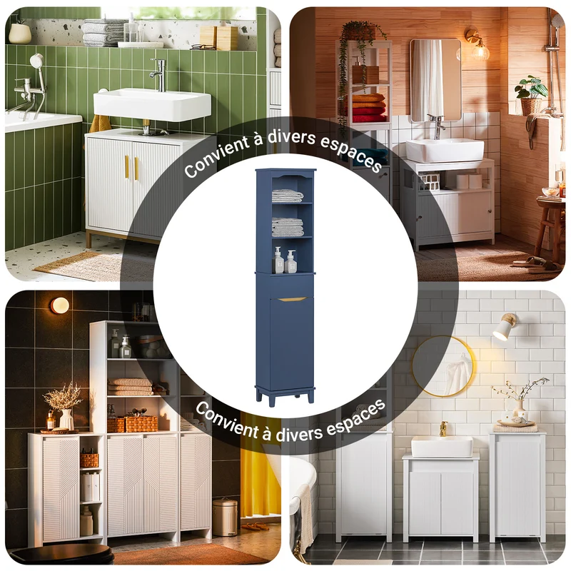 SoBuy BZR112-B Colonne Salle de Bain avec 3 Étagères et 1 Tiroir – L35×P30×H170 cm, Charge 40 kg, MDF E1, Bleu