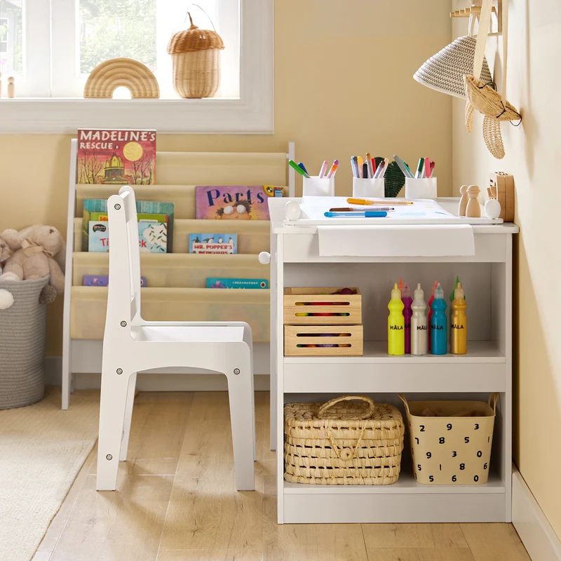 SoBuy KMB60-W Table Enfant avec Chaise Ensemble 2 Pièces Table et Chaise pour Enfant Bureau avec 2 Étagères Porte-Papier et Rangements Stylos Blanc 80x54x65