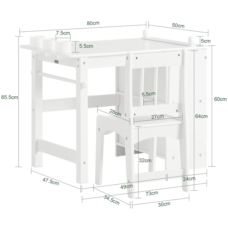 SoBuy KMB60-W Table Enfant avec Chaise Ensemble 2 Pièces Table et Chaise pour Enfant Bureau avec 2 Étagères Porte-Papier et Rangements Stylos Blanc 80x54x65
