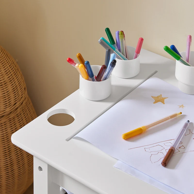 SoBuy KMB60-W Table Enfant avec Chaise Ensemble 2 Pièces Table et Chaise pour Enfant Bureau avec 2 Étagères Porte-Papier et Rangements Stylos Blanc 80x54x65