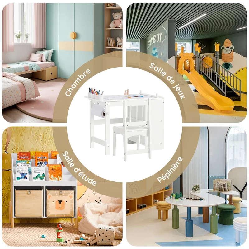 SoBuy KMB60-W Table Enfant avec Chaise Ensemble 2 Pièces Table et Chaise pour Enfant Bureau avec 2 Étagères Porte-Papier et Rangements Stylos Blanc 80x54x65
