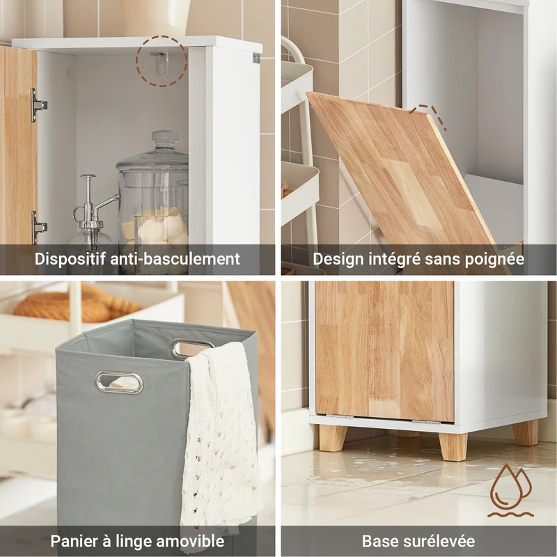 SoBuy BZR74-W Colonne Salle de Bain Style Naturel avec Panier à Linge – Blanc Bois, 170 cm