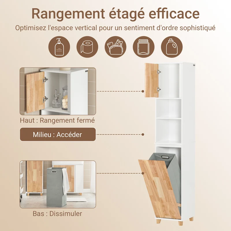 SoBuy BZR74-W Colonne Salle de Bain Style Naturel avec Panier à Linge – Blanc Bois, 170 cm