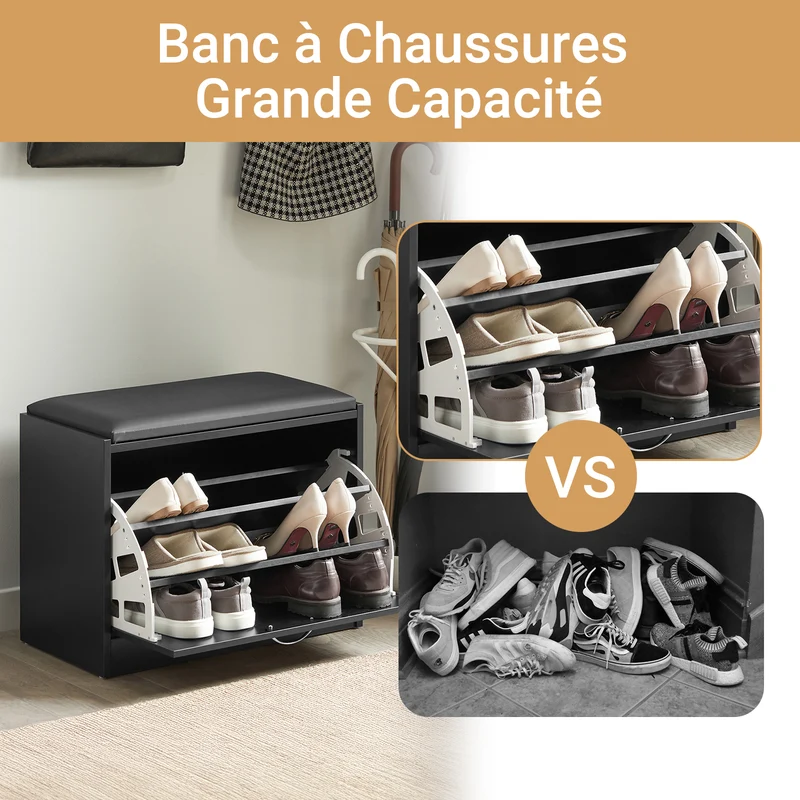 SoBuy FSR16-SCH Banc Armoire à Chaussures 1 abattant avec Coussin Meuble d’entrée Coffre Rangement pour Chaussures, N