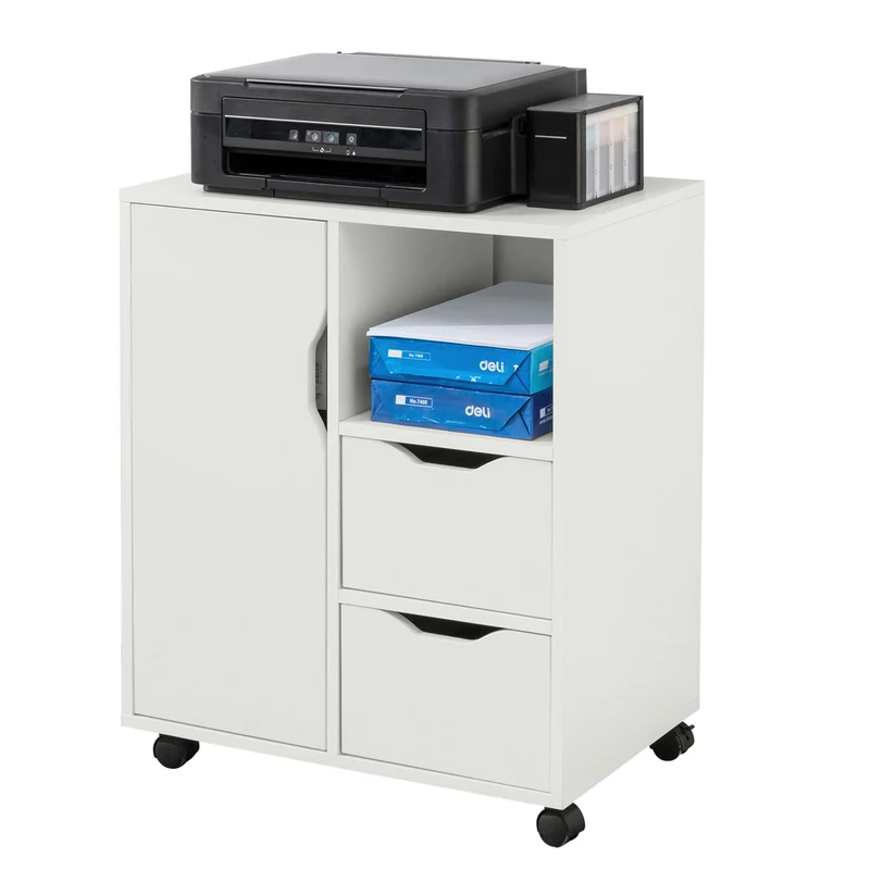 SoBuy FBT105-W Caisson d’Imprimante Mobile avec Roulettes, 2 Tiroirs et 1 Compartiment Ouvert, Rangement Optimisé, Design Fonctionnel – L60×P35×H70 cm, Blanc