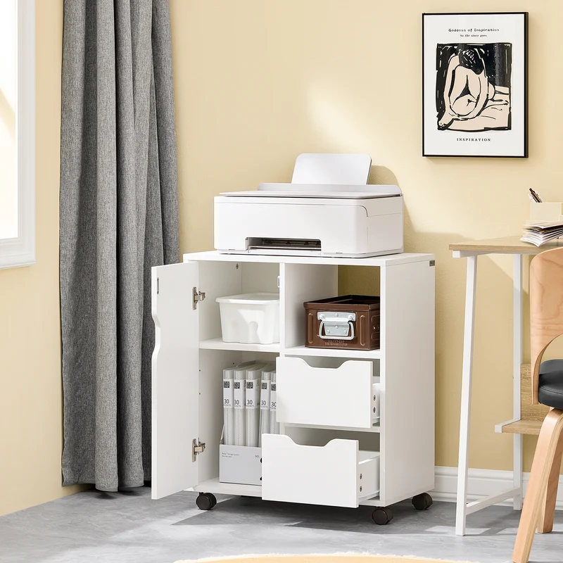 SoBuy FBT105-W Caisson d’Imprimante Mobile avec Roulettes, 2 Tiroirs et 1 Compartiment Ouvert, Rangement Optimisé, Design Fonctionnel – L60×P35×H70 cm, Blanc